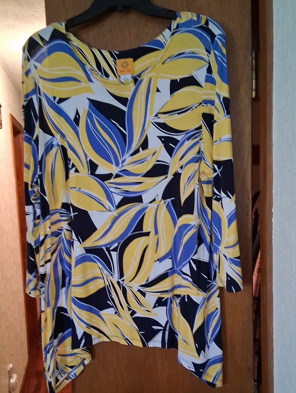 Ruby Rd. Scoop Neck Tunic — Yellow, Blue & Black Leaf Print
